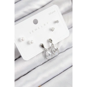 Pirinç Zirkon Taşlı Sallantılı Damla Model Gümüş Renk 925 Ayar Gümüş Çivi Kadın Küpe Set