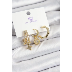 Pirinç Zİrkon Taşlı Sallantılı Yıldız Model Gold Renk 3lü Kadın Küpe