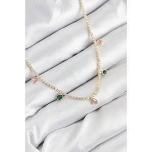 Pirinç Zirkon Taşlı Su Yolu Damla Model Gold Renk Kadın Kolye