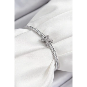 Pirinç Zirkon Taşlı X Detaylı Su Yolu Model Gümüş Renk Asansörlü Kadın Bileklik