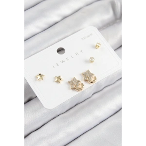 Pirinç Zirkon Taşlı Yıldız Model Gold Renk 925 Ayar Gümüş Çivi Kadın Küpe Set