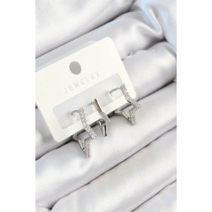 Pirinç Zirkon Taşlı Yıldız Model Gümüş Renk 3lü Çift Kadın Küpe Set