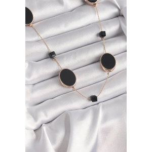 Pirinç Gold Renk Siyah Renk Oval Siyah Küp Detay Kadın Kolye