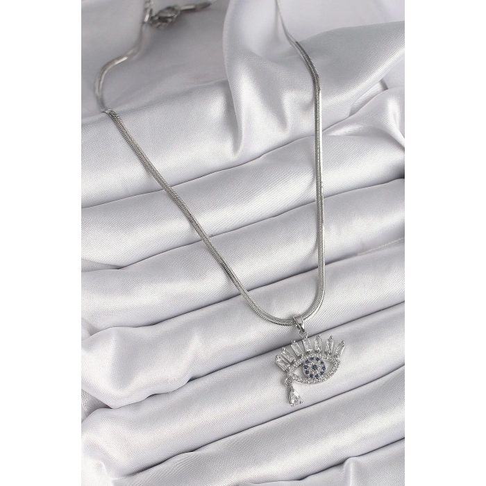 316L Çelik Gümüş Renk İtalyan Zincir Zirkon Taşlı Göz Model Kadın Kolye