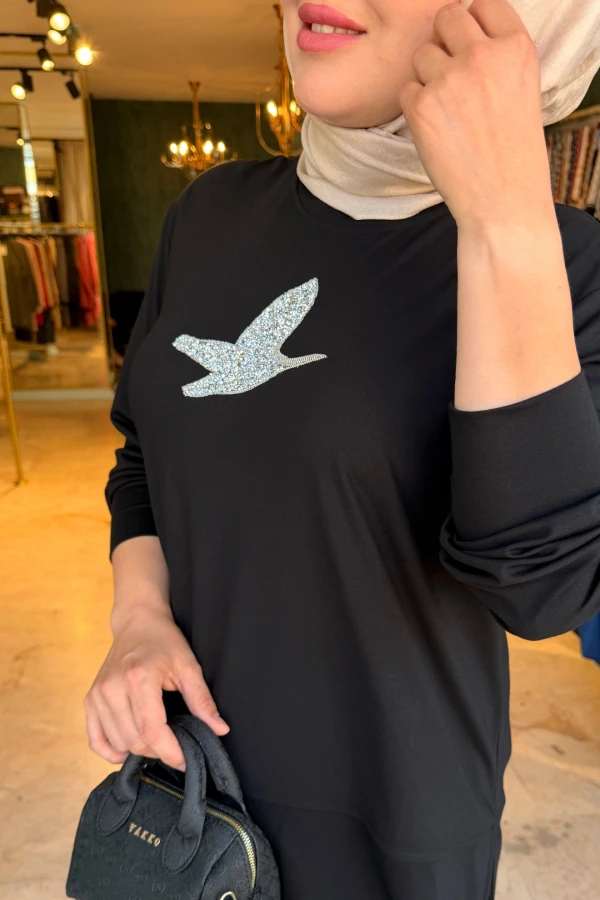 Kuşlu Tunik 60 cm Siyah