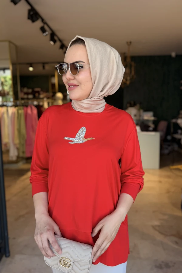 Kuşlu Tunik 60 cm Kırmızı