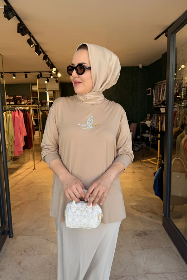 Kuşlu Tunik 60 cm Vizon