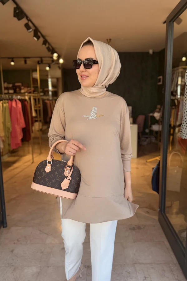 Kuşlu Tunik 80 cm Vizon