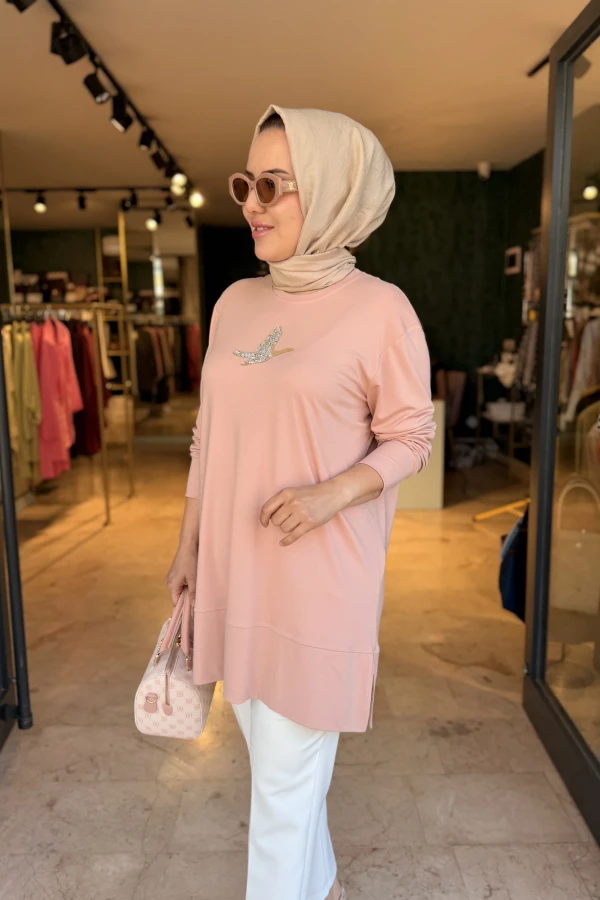 Kuşlu Tunik 80 cm Pudra
