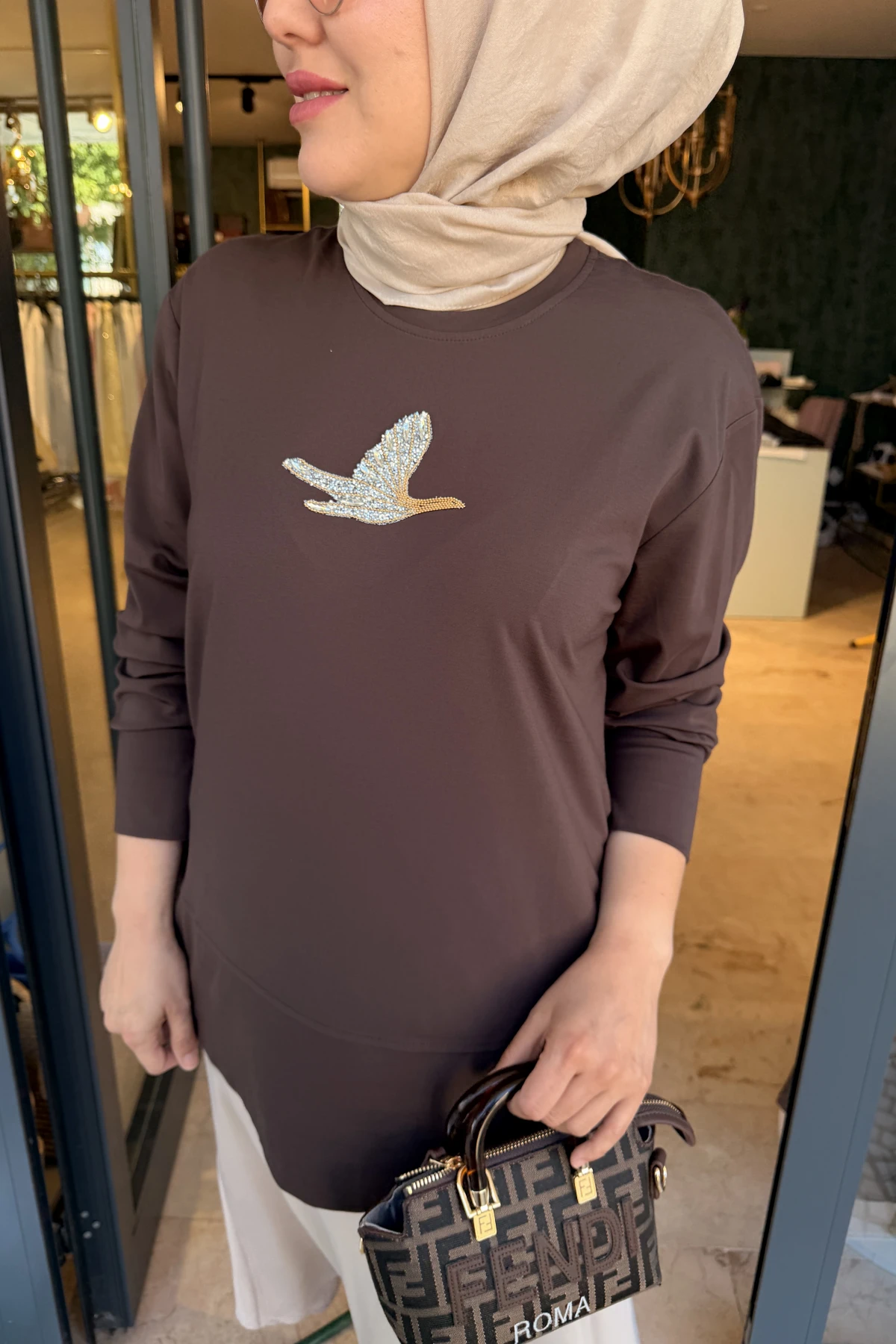 Kuşlu Tunik 60 cm Kahverengi