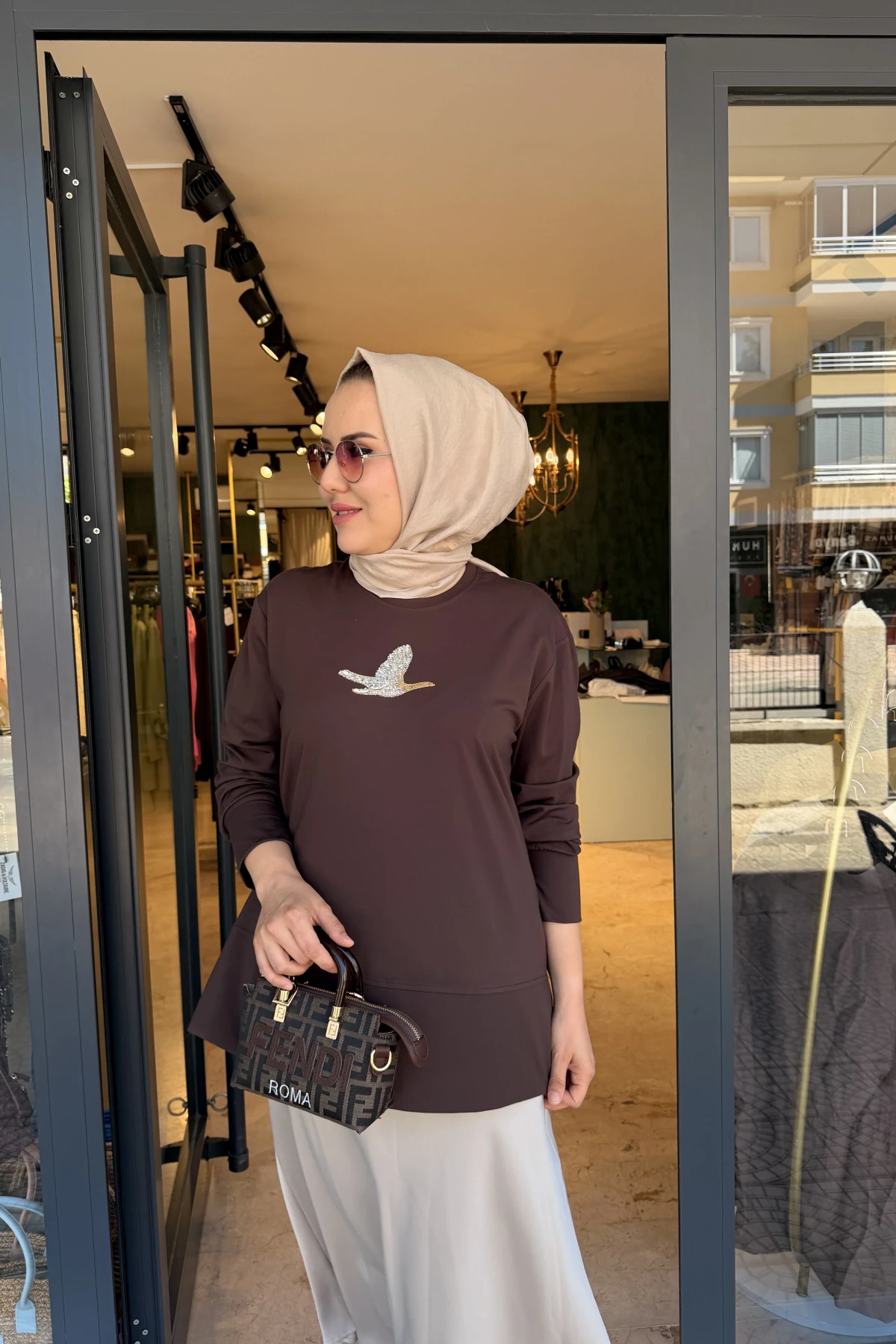 Kuşlu Tunik 60 cm Kahverengi