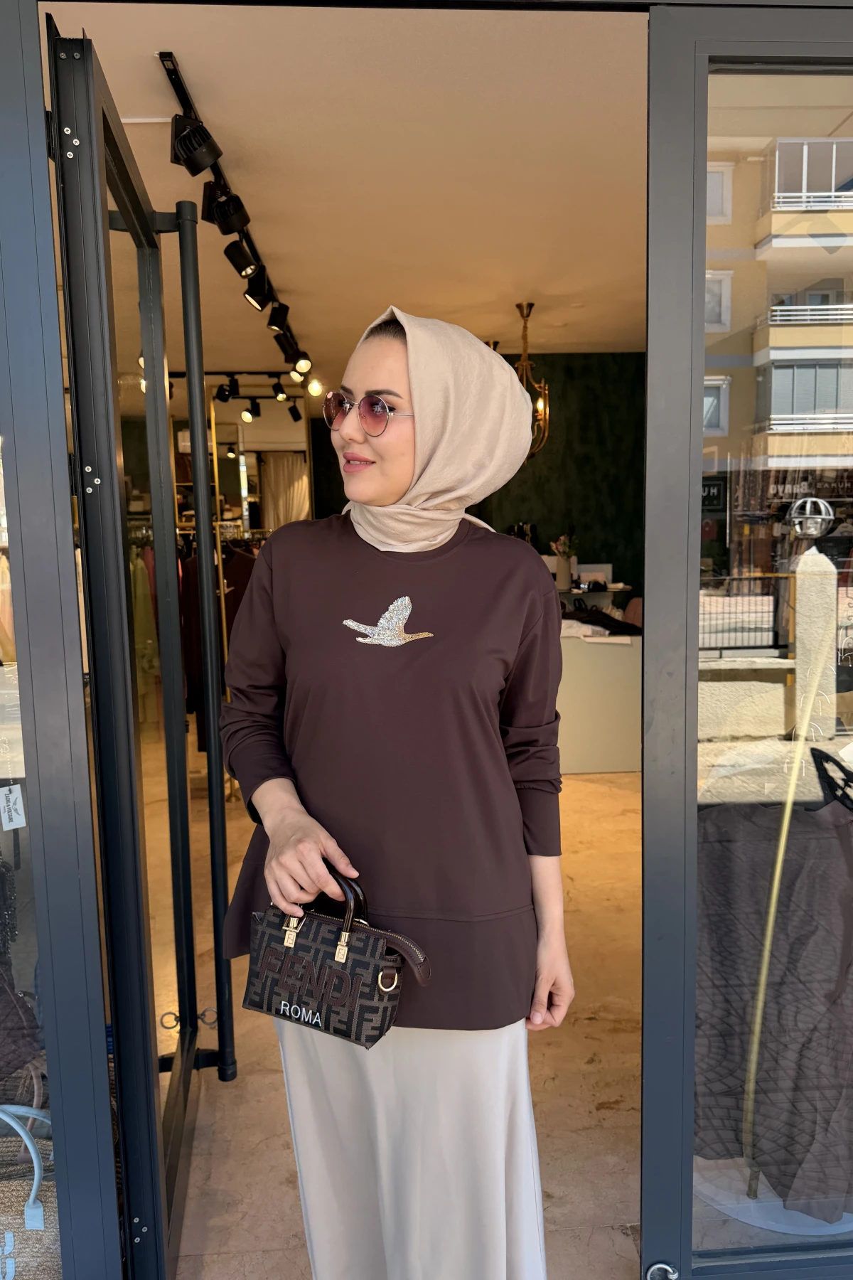 Kuşlu Tunik 60 cm Kahverengi