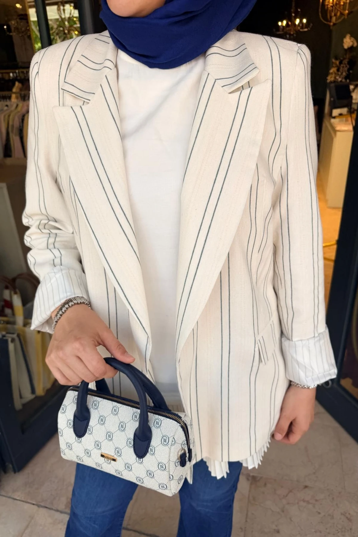 Çizgili Keten Blazer Ceket