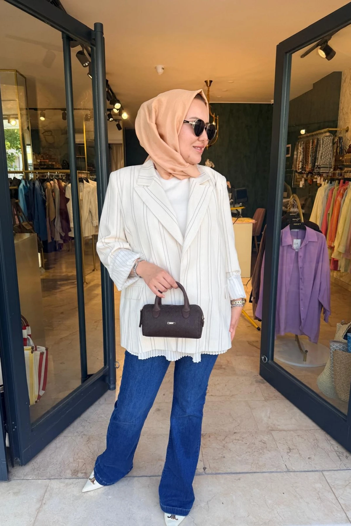 Çizgili Keten Blazer Ceket