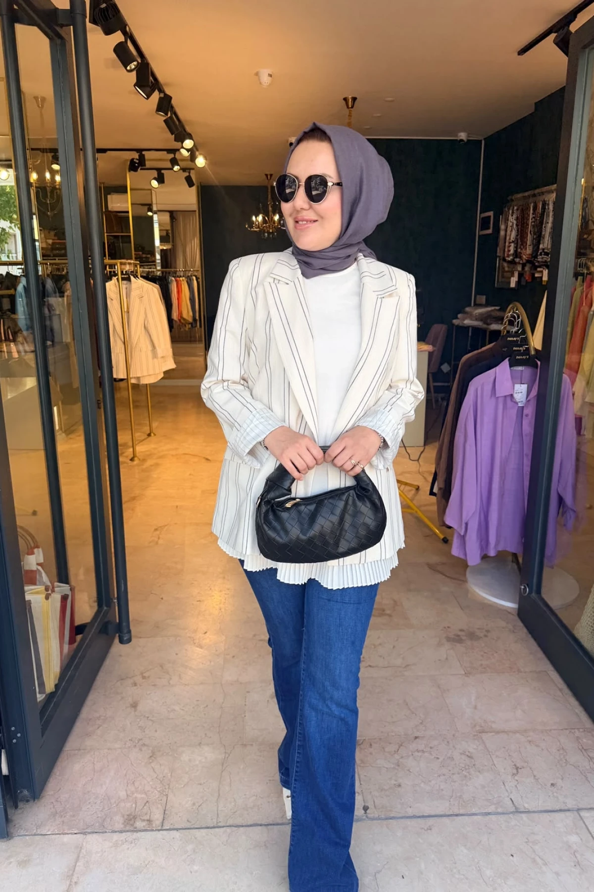Çizgili Keten Blazer Ceket