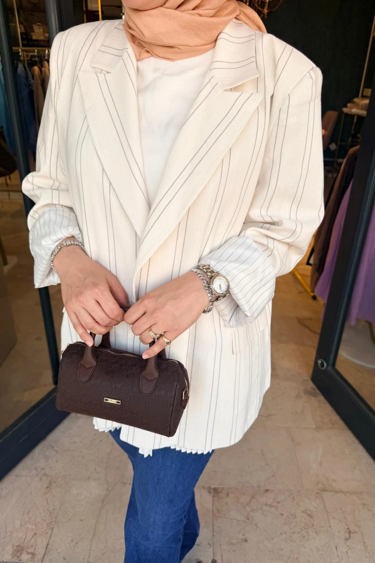 Çizgili Keten Blazer Ceket