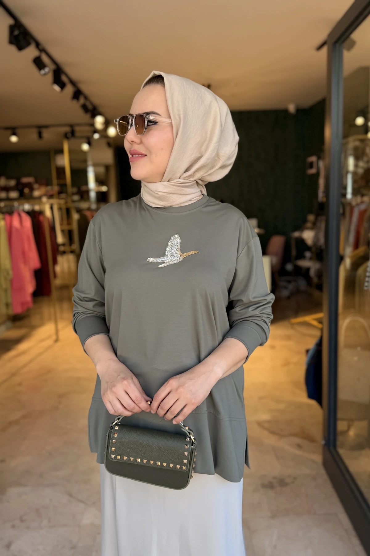 Kuşlu Tunik 60 cm Haki