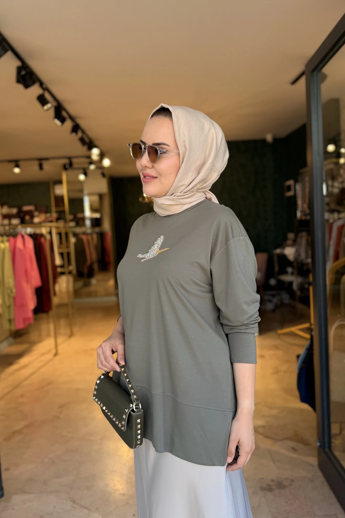 Kuşlu Tunik 60 cm Haki