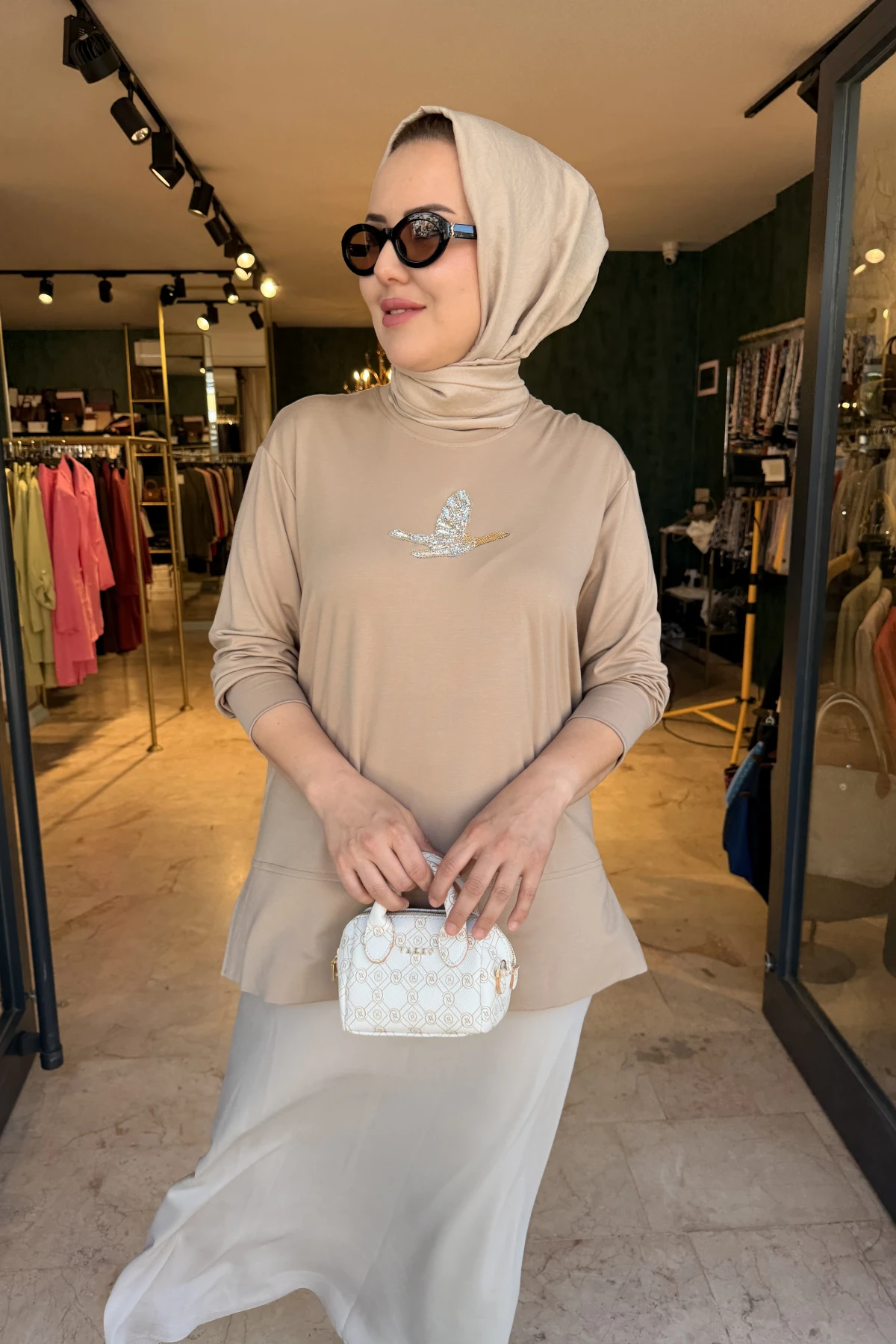 Kuşlu Tunik 60 cm Vizon