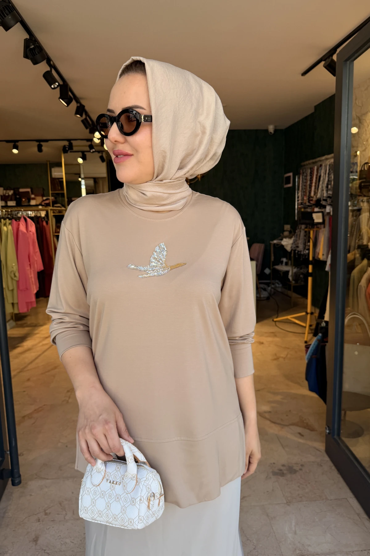 Kuşlu Tunik 60 cm Vizon