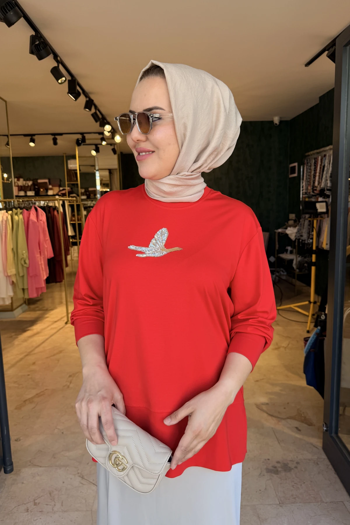 Kuşlu Tunik 60 cm Kırmızı