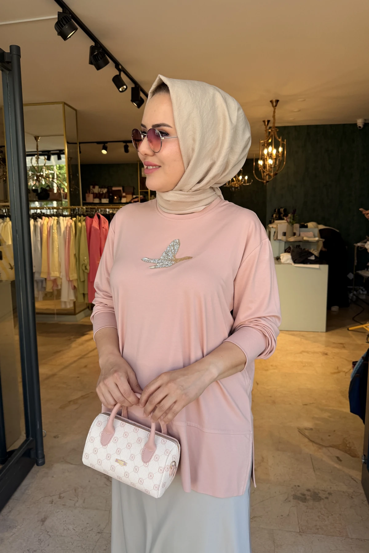 Kuşlu Tunik 60 cm Pudra