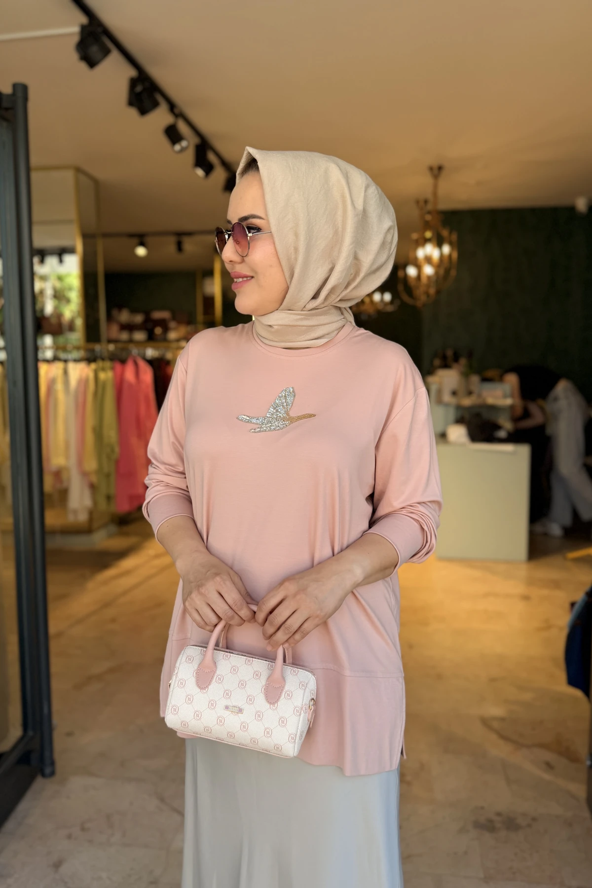 Kuşlu Tunik 60 cm Pudra