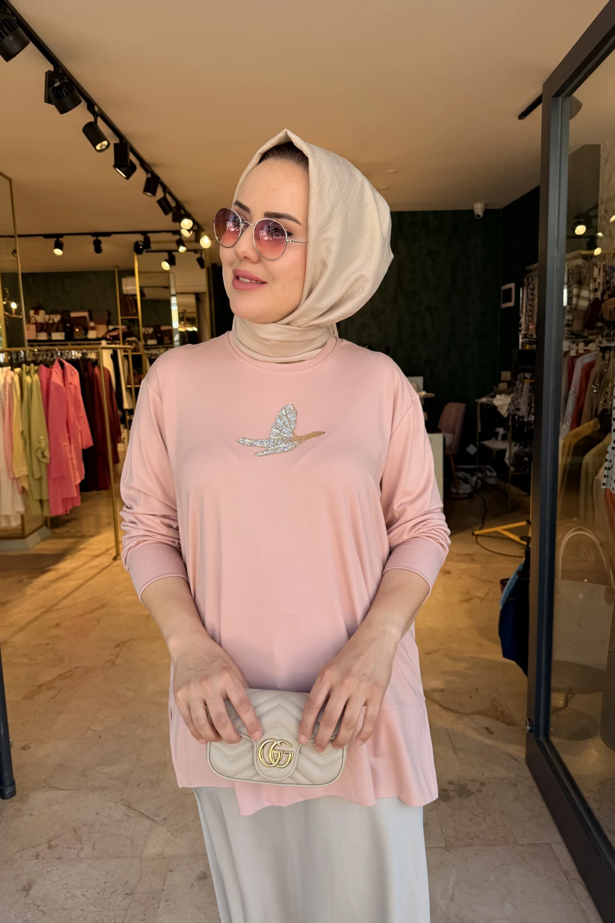 Kuşlu Tunik 60 cm Pudra