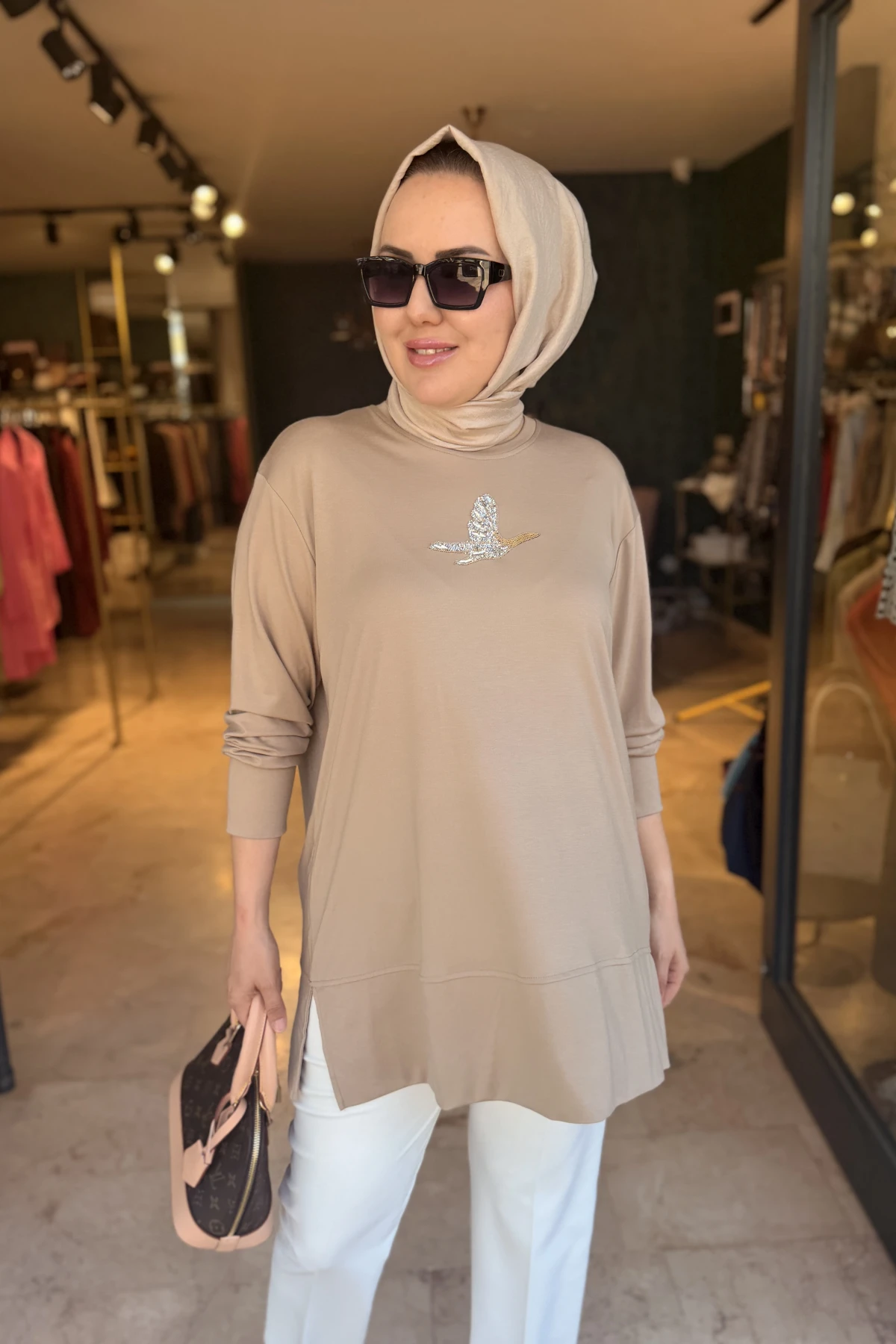 Kuşlu Tunik 80 cm Vizon
