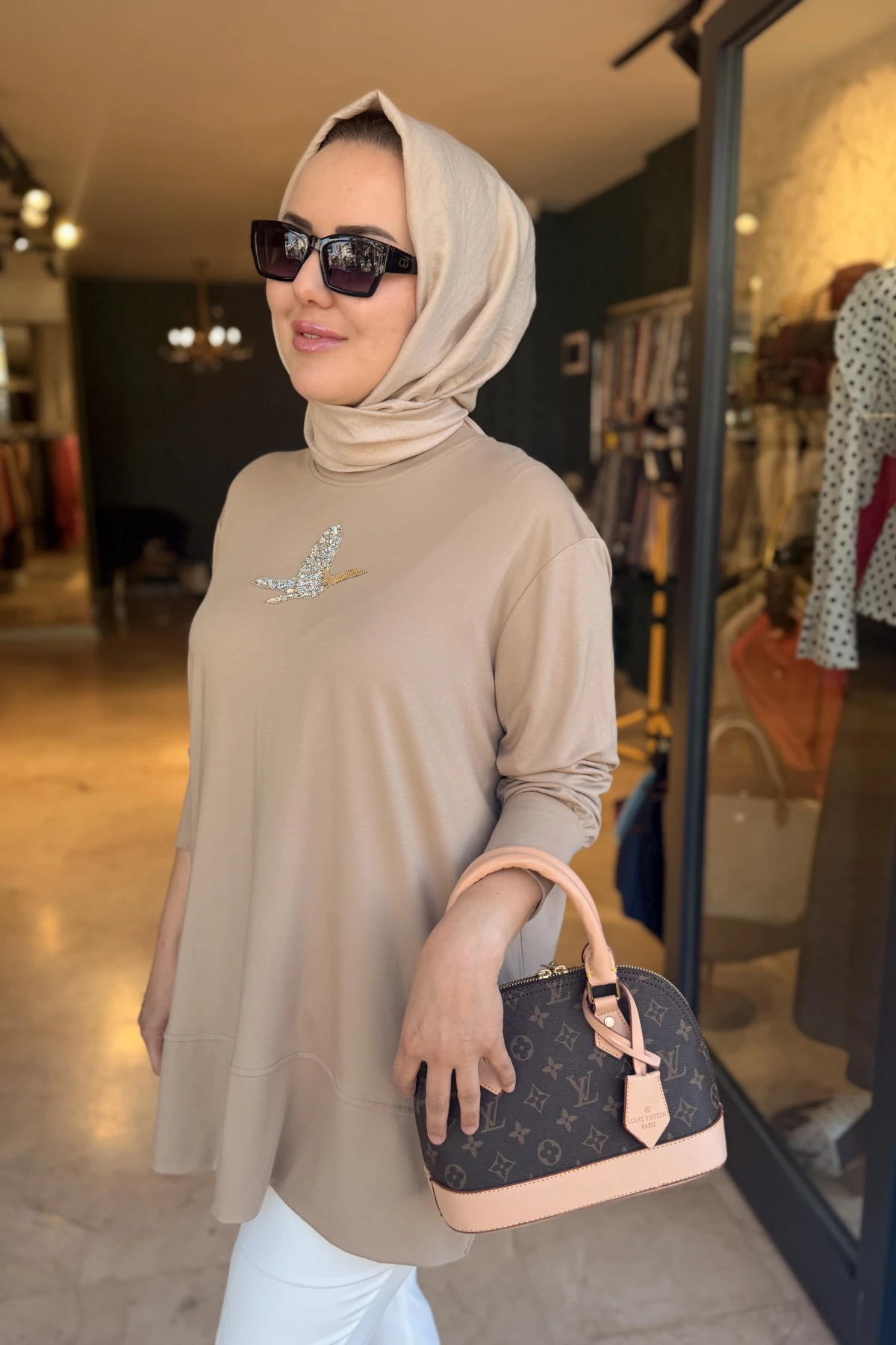 Kuşlu Tunik 80 cm Vizon