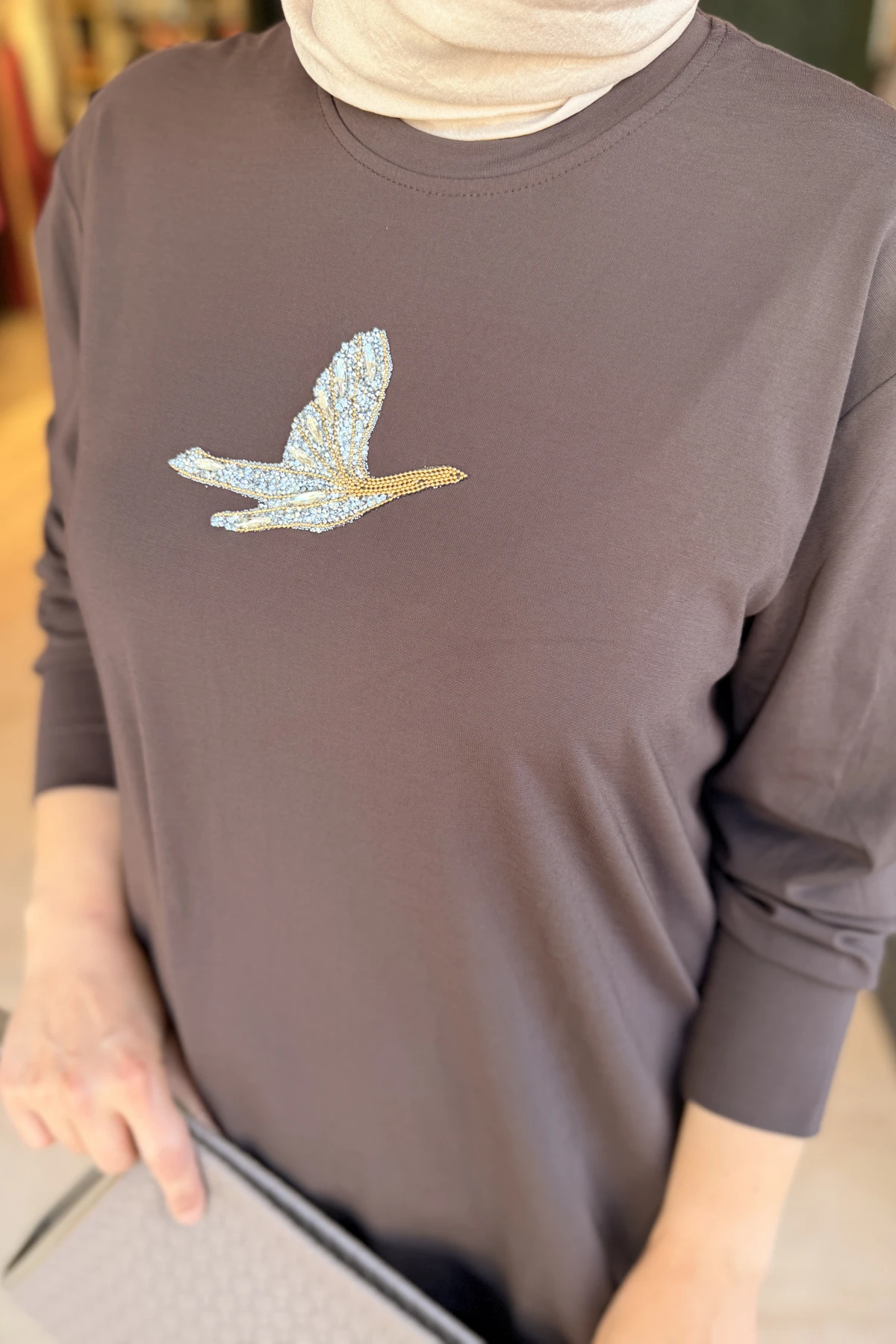Kuşlu Tunik 80 cm Kahverengi