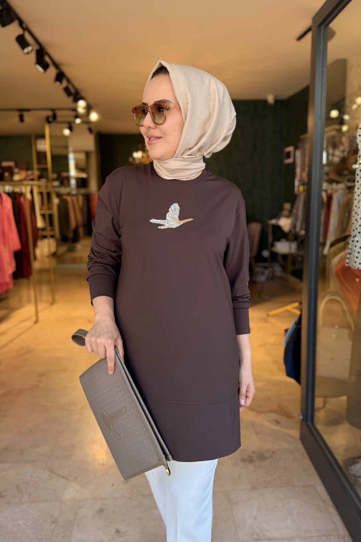 Kuşlu Tunik 80 cm Kahverengi