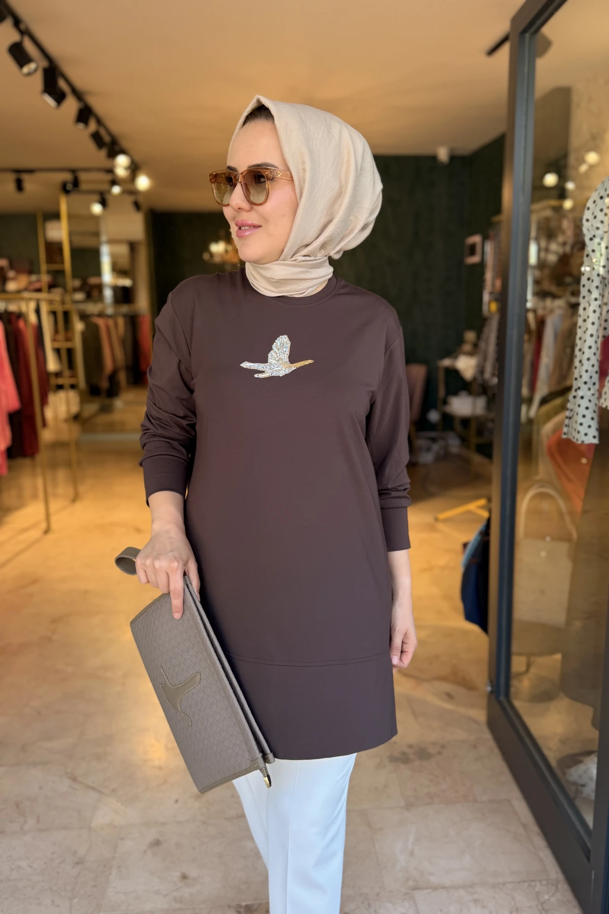 Kuşlu Tunik 80 cm Kahverengi