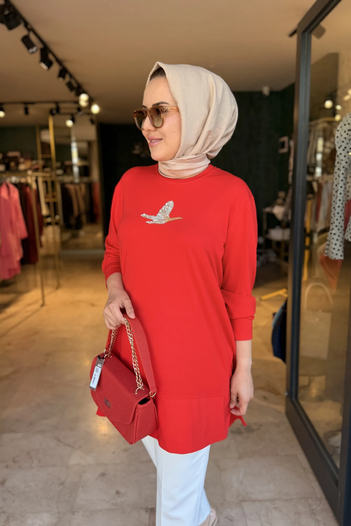 Kuşlu Tunik 80 cm Kırmızı