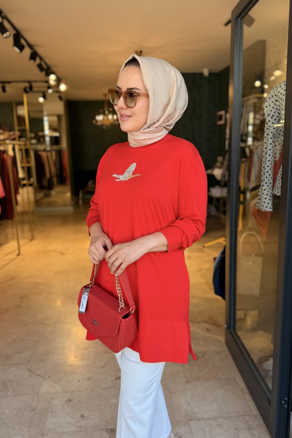 Kuşlu Tunik 80 cm Kırmızı