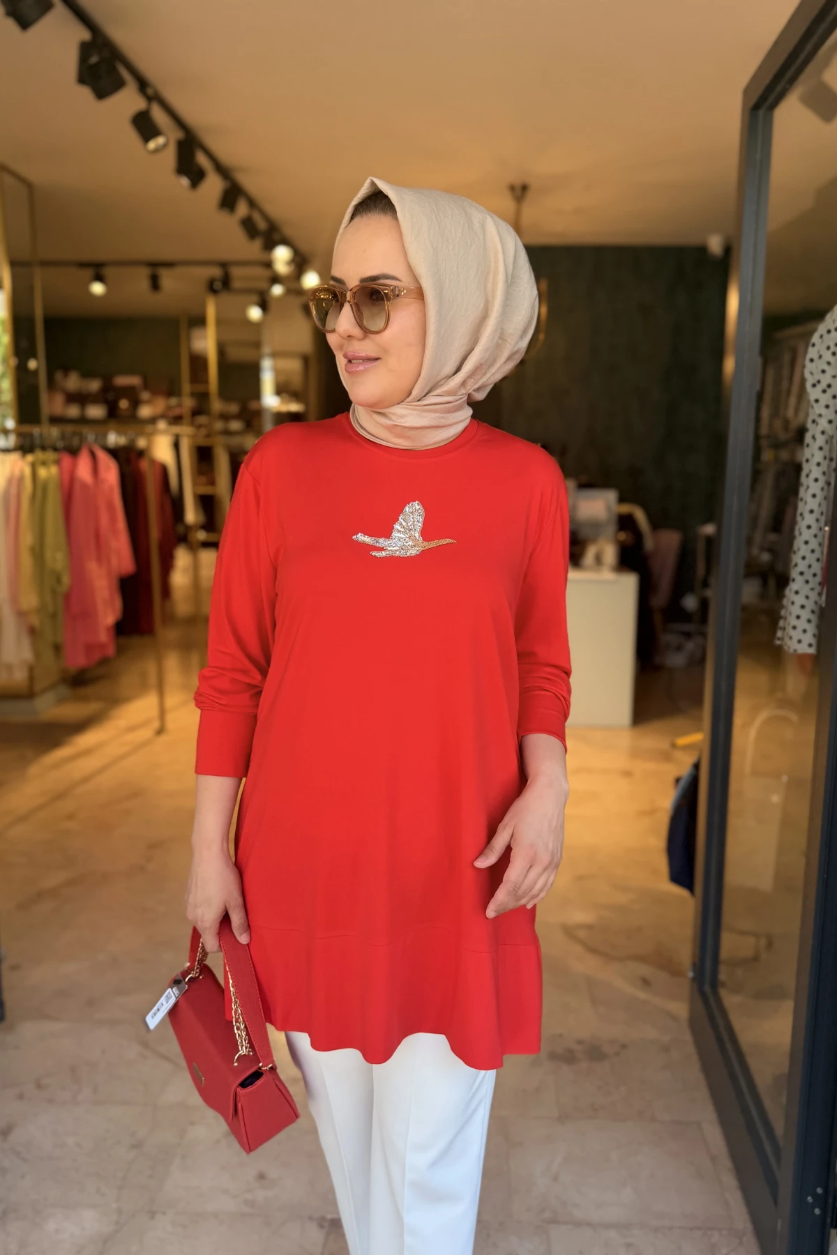 Kuşlu Tunik 80 cm Kırmızı