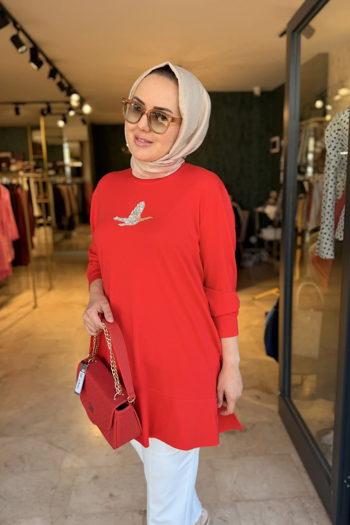 Kuşlu Tunik 80 cm Kırmızı