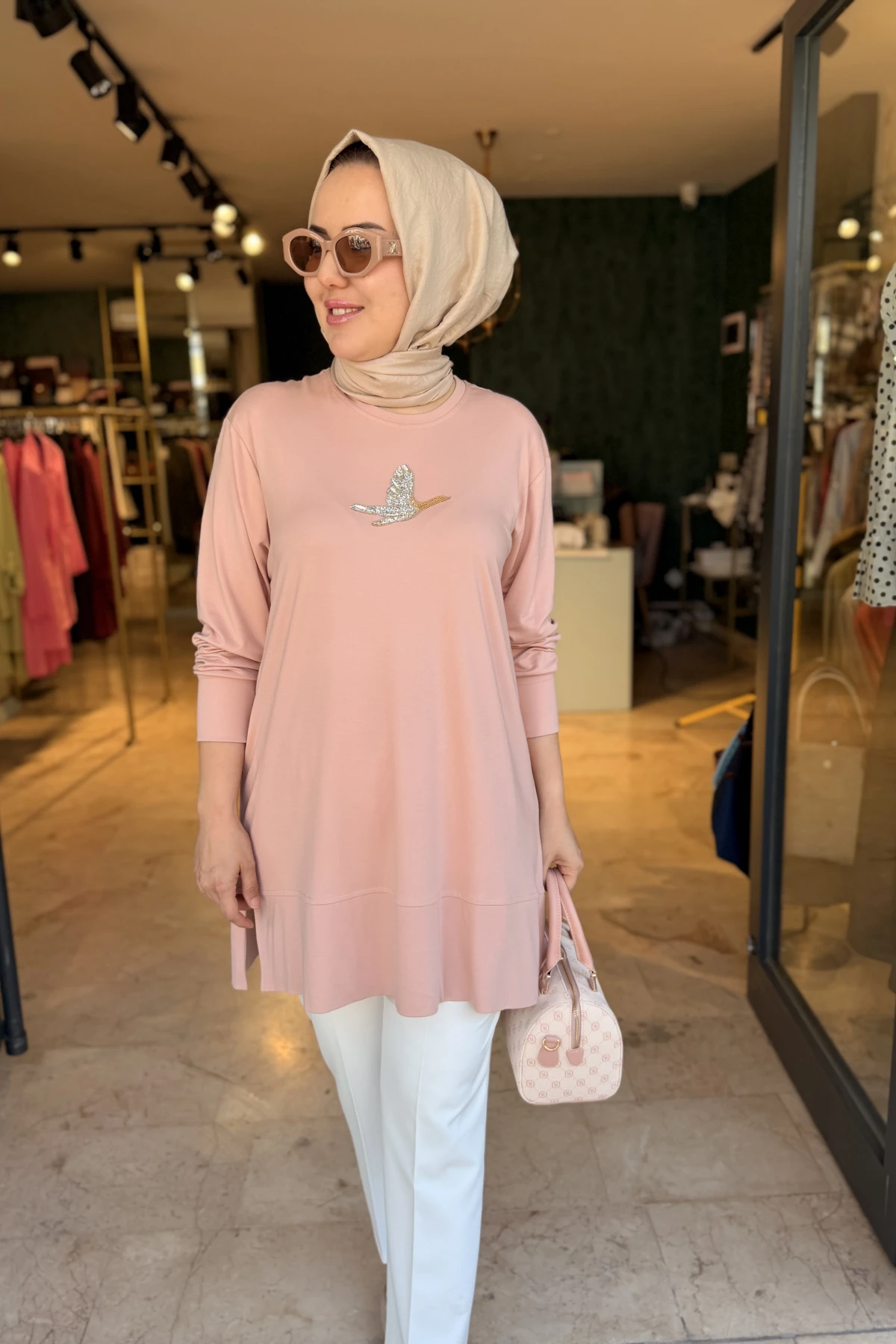Kuşlu Tunik 80 cm Pudra