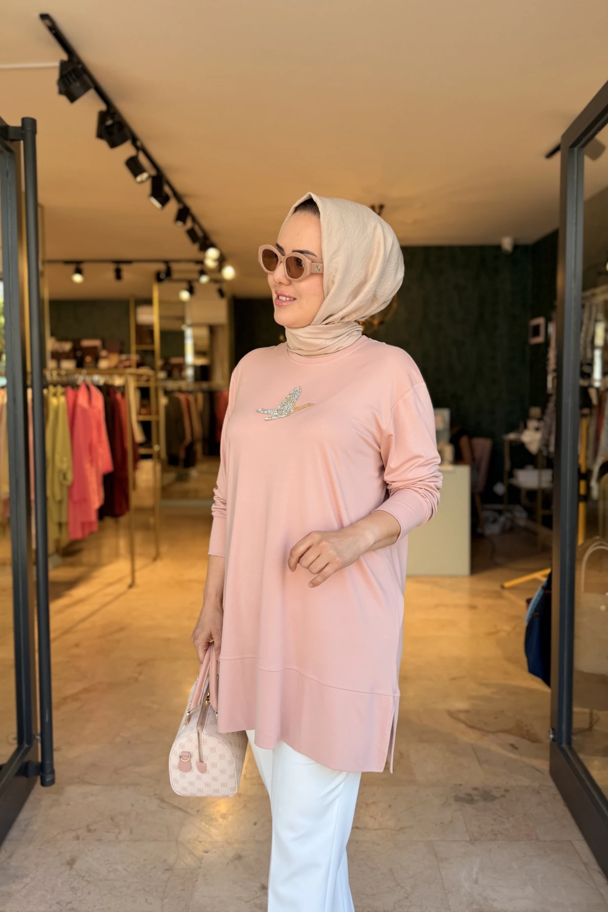 Kuşlu Tunik 80 cm Pudra