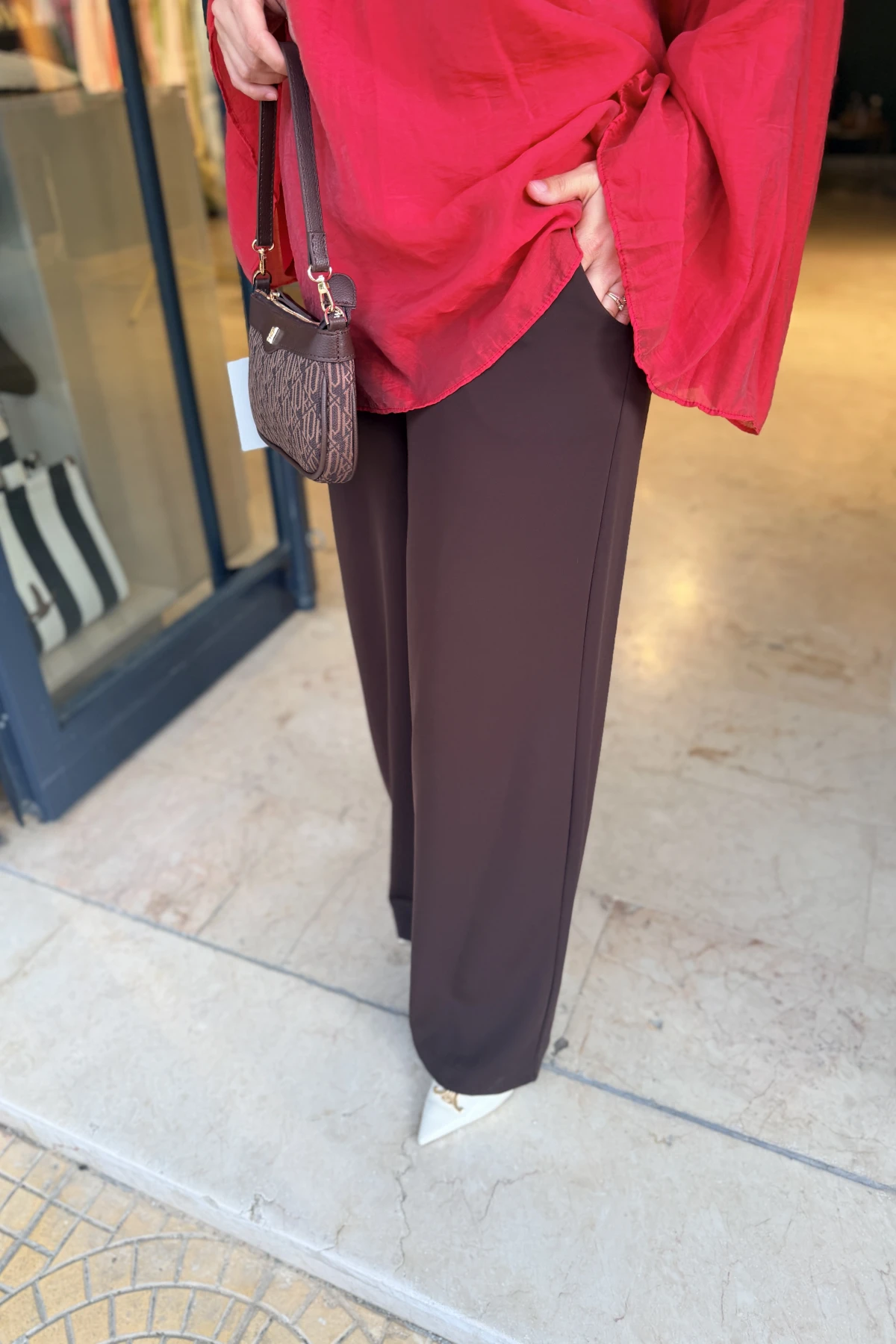 Lastikli Bol Paça Krep Pantalon