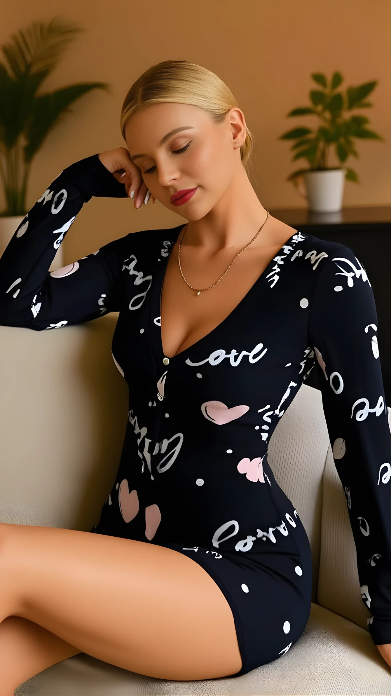 Luna Lora Black Love Heart Pamuklu Siyah Kalp Desenli Love Yazılı Düğmeli Tulum Pijama