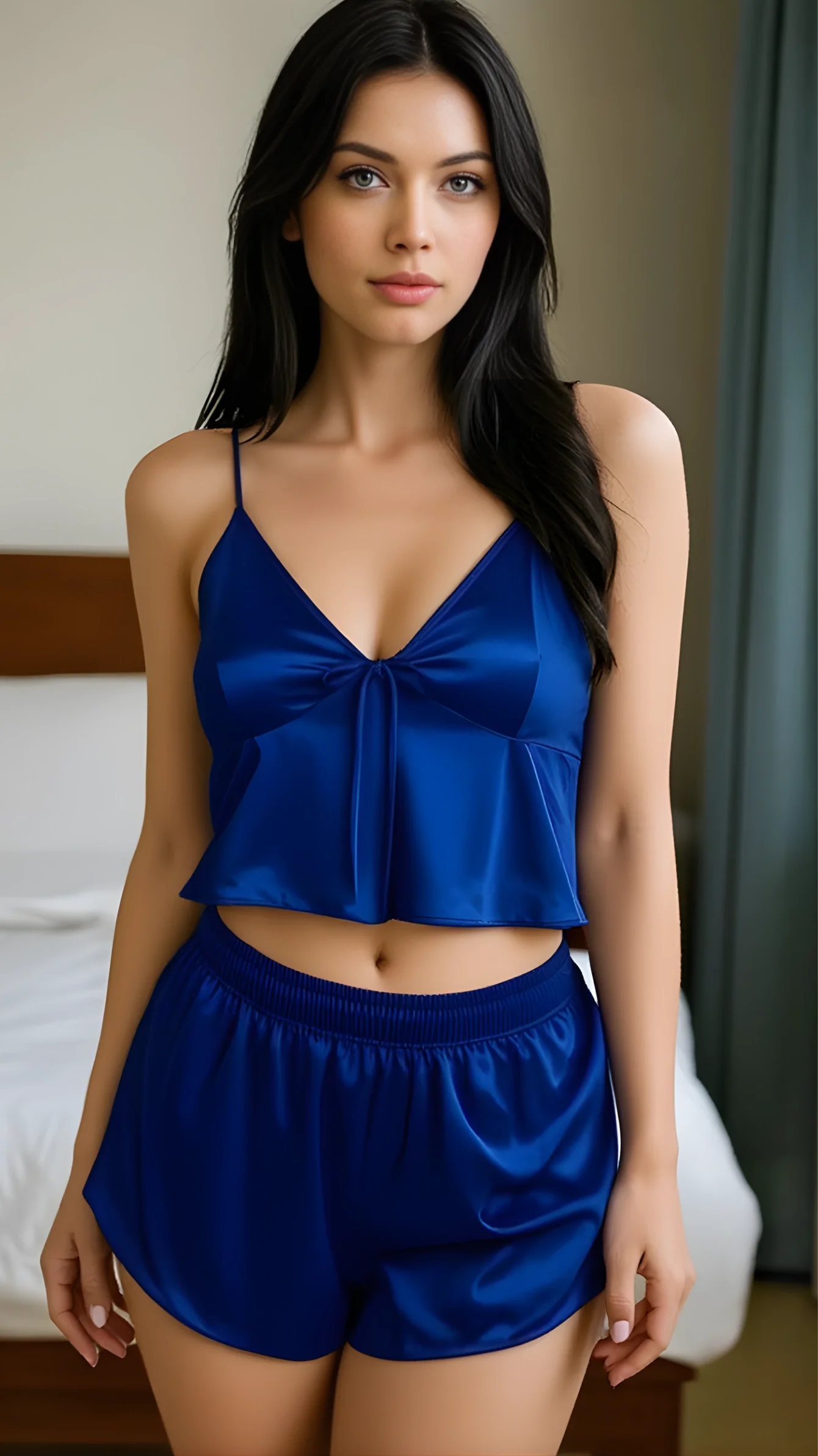 Luna Lora Blue Satin Touch İnce Askılı Mavi Saten Şortlu Takım