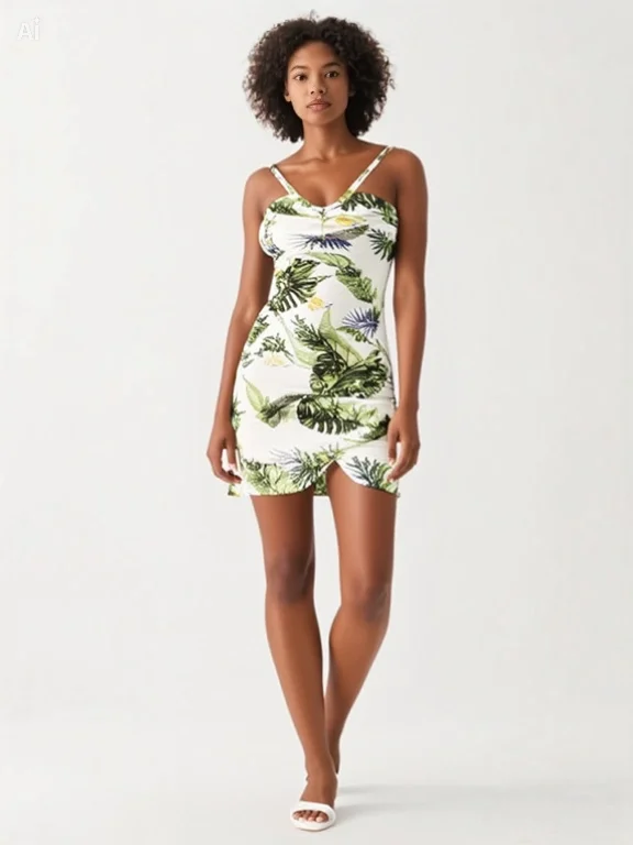 Luna Lora Kadın Çiçek Desenli İnce Askılı Büzgülü Fantezi Mini Elbise