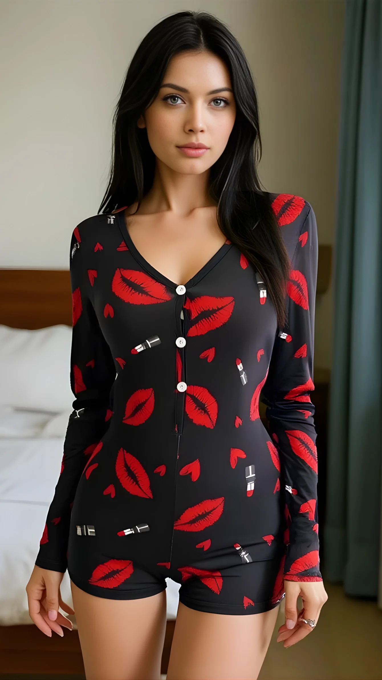 Luna Lora Red Kiss Pamuklu Kırmızı Ruj ve Öpücük Desenli Düğmeli Uzun Kol Tulum Pijama