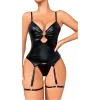Luna Lora Siyah Deri Lame Detaylı Seksi Fantezi Body