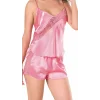 Luna Lora Koyu Pembe Saten Babydoll Şort Takımı Zarif Kadın Gece Giyim