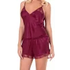 Luna Lora Bordo Saten Babydoll Şort Takımı Zarif Kadın Gece Giyim