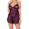 Luna Lora Mürdüm Saten Babydoll Şort Takımı Zarif Kadın Gece Giyim