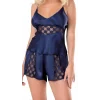 Luna Lora Lacivert Saten Babydoll Şort Takımı Zarif Kadın Gece Giyim