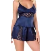 Luna Lora Lacivert Saten Babydoll Şort Takımı Zarif Kadın Gece Giyim